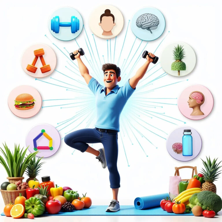 Health Optimization Strategies: Holistic Wellness Visualization with Nutrition, Fitness, and Mental Well-being Icons