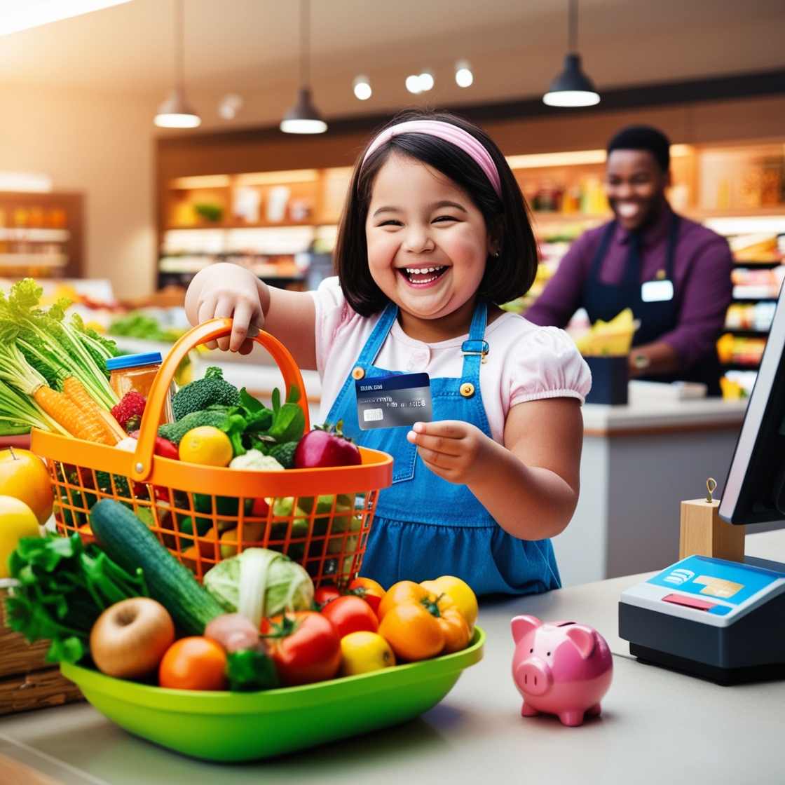 A cheerful young girl laughing while using a credit card to purchase healthy groceries in a modern store, symbolizing responsible spending and financial wellness